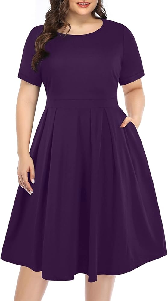 Pinup Fashion Plus Size Work Dress-Church Business Casual Short Sleeve A-Line Dress with Pockets