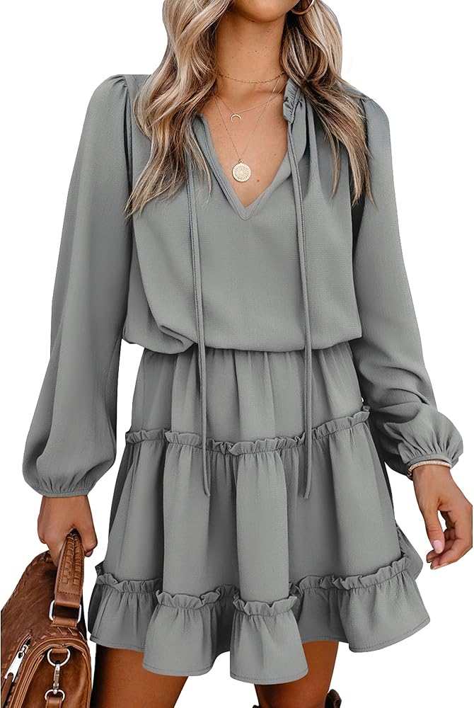 BTFBM Women Casual Summer Fall Dresses Tie V Neck Long Sleeve High Waist Ruffle Tiered A Line Swing Tunic Mini Dress