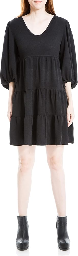 Max Studio Women's Rib Knit Elbow Sleeve Tier Short Dress