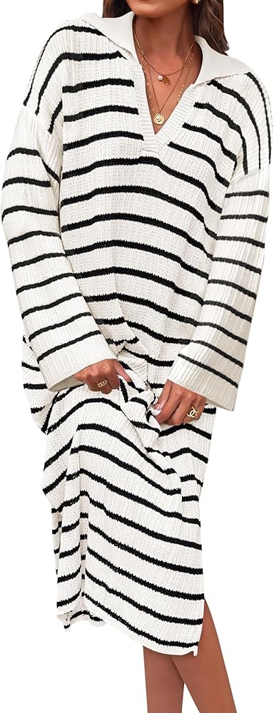 ZESICA Women’s Fall Striped Sweater Dresses 2024 Casual Long Sleeve Lapel V Neck Knit Side Slit Midi Dress