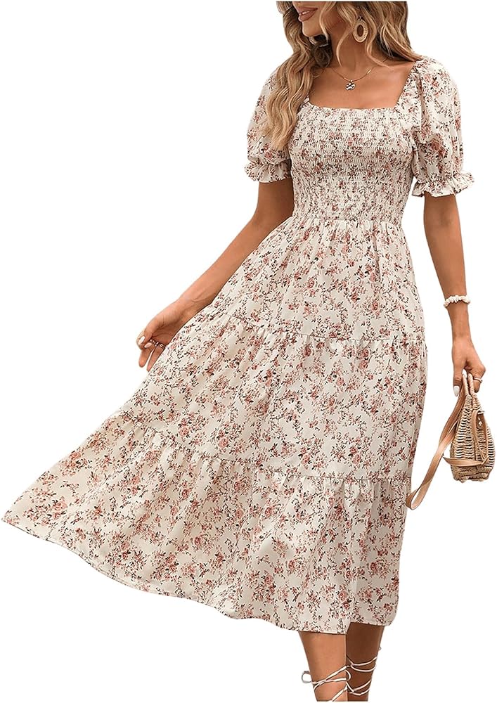 MakeMeChic Women's Allover Floral Print Puff Short Sleeve Midi Summer Dress Ruffle Square Neck High Waist A Line Dress