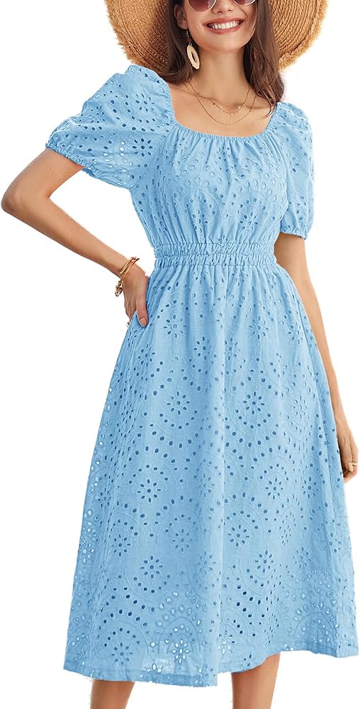 GRACE KARIN Women's Eyelet Dresses Summer Square Neck Short Puff Sleeve Casual A Line Boho Midi Dress