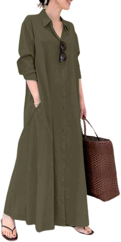 chouyatou Women's Basic Loose Fit Long Sleeve Button Up Maxi Shirt Dress with Pockets