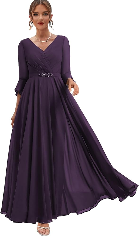 Tea Length Mother of The Bride Dresses for Wedding Chiffon Formal Dress with Sleeves V Neck Evening Gown