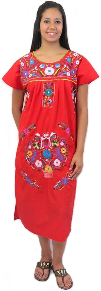 Leos Imports Traditional Mexican Tehuacan Embroidered Women's Summer Floral Dress for Fiestas, Casual, Cultural & Weddings