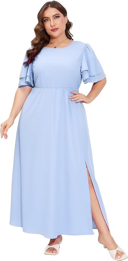 Women Plus Size Maxi Dress Round Neck Ruffle Short Sleeves High Waist Split Summer Casual Dress with Pockets