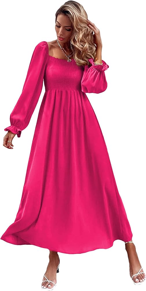 Floerns Women's Boho Square Neck Smocked Long Puff Sleeve A Line Maxi Dress