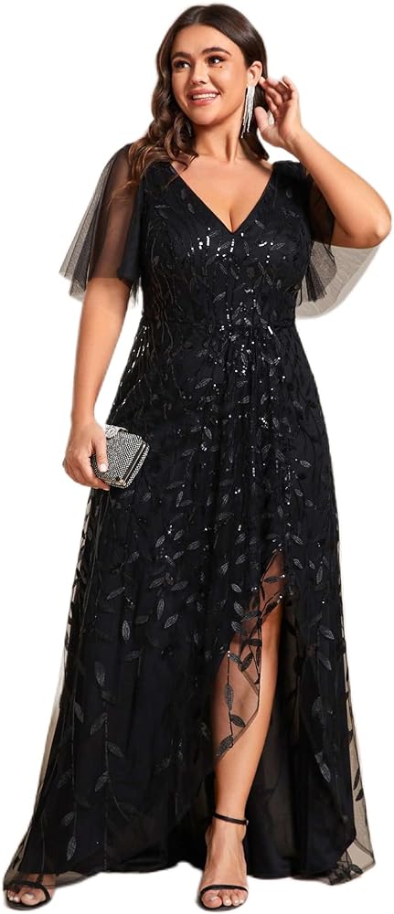 Ever-Pretty Women's Plus Size Gorgeous A Line Sequin Embroidered Evening Dress with Sleeves 02083-DA