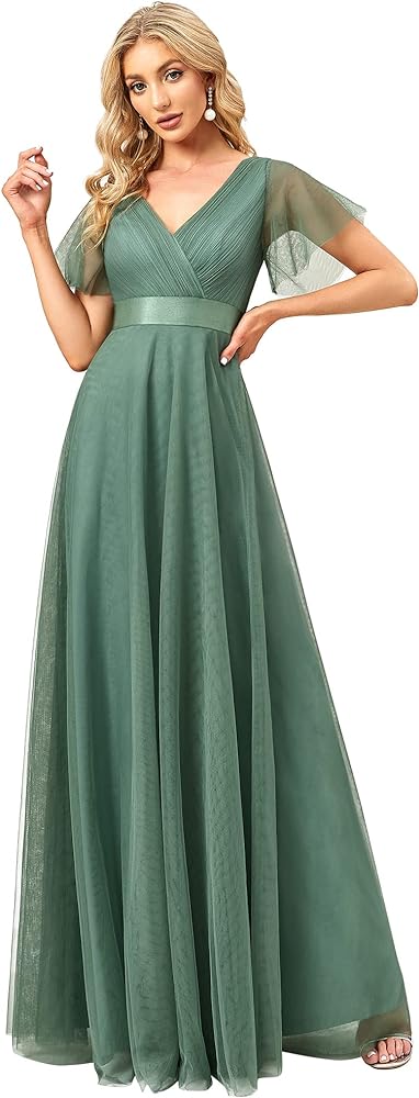 Ever-Pretty Women's Mother of Bride Dress Double V-Neck Empire Waist Front Wrap Tulle Bridesmaid Dress 07962