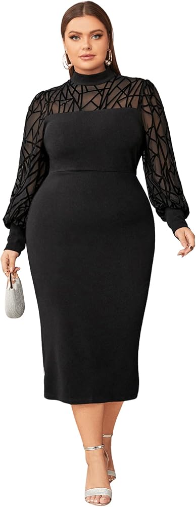 WDIRARA Women's Plus Size Mesh Bishop Long Sleeve Mock Neck Split Back Maxi Dress