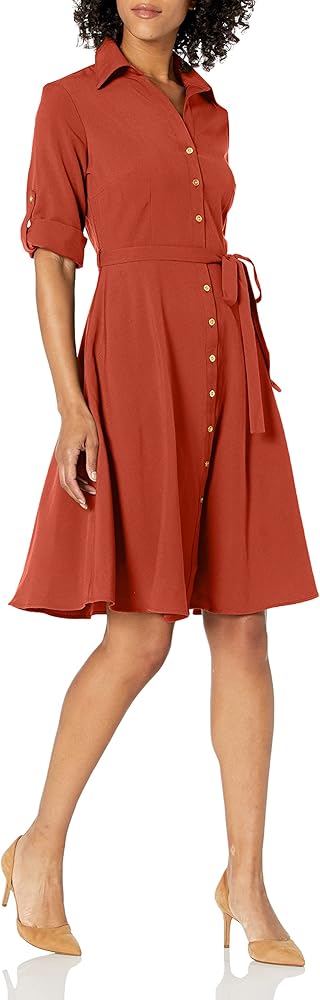 Sharagano Women's Button Front Pleated Shirt Casual Dress, Arabian Spice, 4