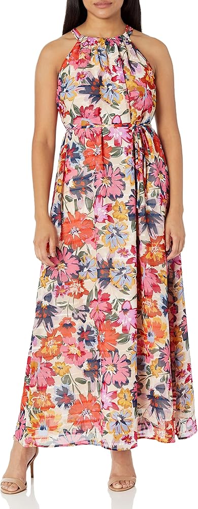 Maggy London Women's Floral Printed Halter Maxi with Waist Tie