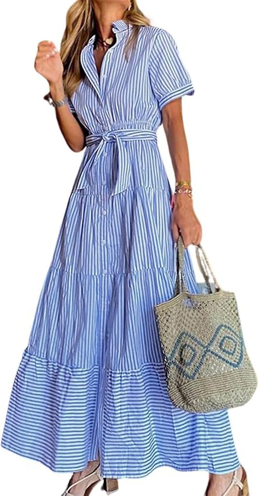 utcoco Womens Casual Short Sleeve Button Down Tie Waist Ruffled Striped Maxi Shirt Dress