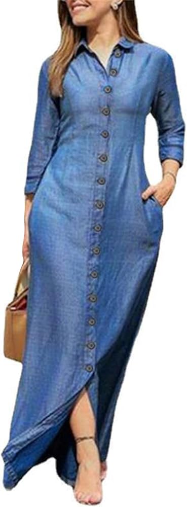 utcoco Womens Casual Button Down Denim Maxi Dress Lapel Long Sleeve Long Jean Dresses with Pockets