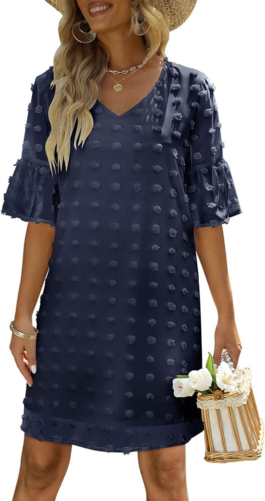 Womens Summer Short Sleeve V Neck Mini Dress Chiffon Swiss Dot Flowy Short Dress