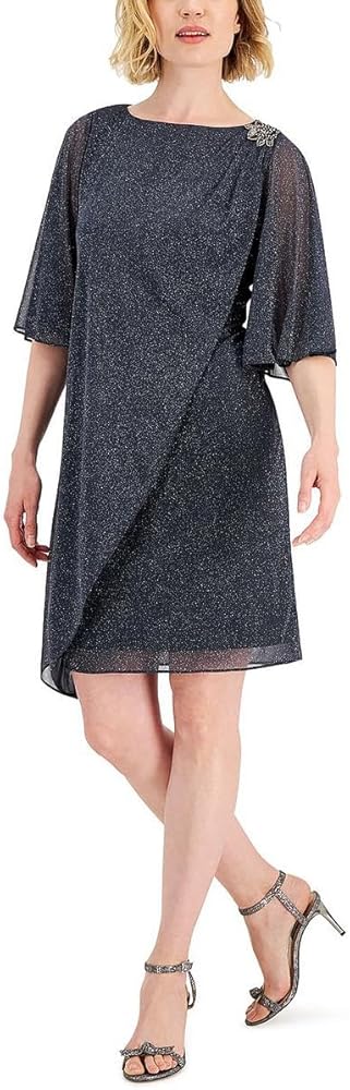 S.L. Fashions Women's Short Capelet Dress with Beaded Shoulder Detail