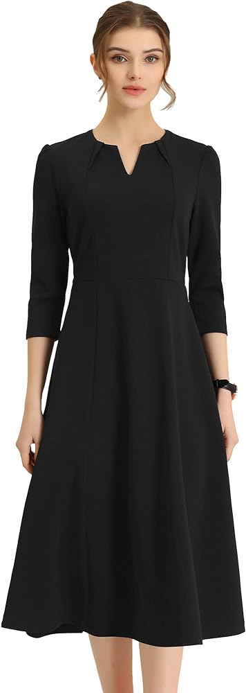 Allegra K Women's 3/4 Sleeve V Neck Pockets Elegant Work A-Line Dress