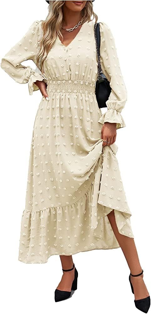 MASCOMODA Women Boho Maxi Dress 2024 Long Sleeve V Neck Swiss Dot Smocked High Waisted A-Line Ruffle Tiered Long Dress