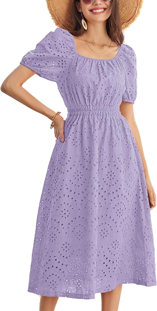 GRACE KARIN Women's Eyelet Dresses Summer Square Neck Short Puff Sleeve Casual A Line Boho Midi Dress