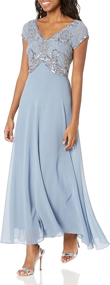 J Kara Women's Petite Cap Sleeve V-Neck Beaded Top Gown