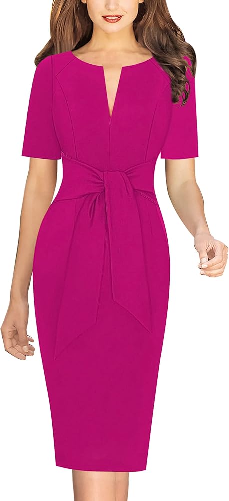 VFSHOW Womens Front Zipper Tie Waist Bow Belted Slim Wear to Work Business Office Bodycon Pencil Dress