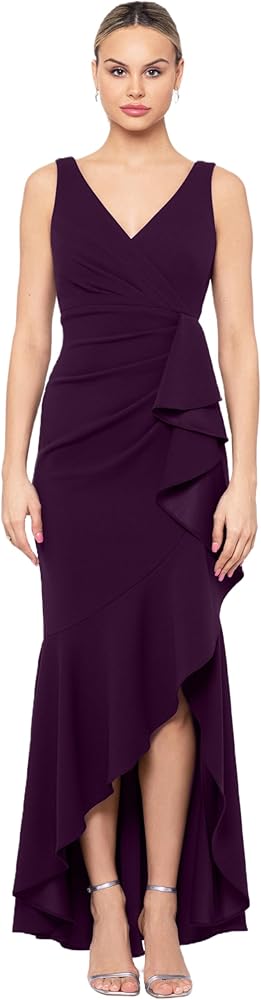 Betsy & Adam Women's Long V-Neck Dress with Cascade Detail-Hi-lo Hemline in Stretchable Polyester Blend