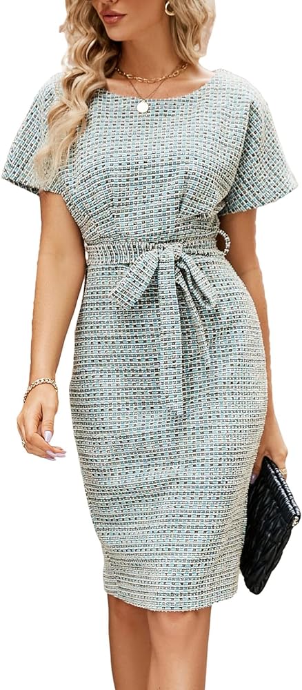 JASAMBAC Women's Tweed Pencil Dress Elegant Business Bodycon Short Sleeve Wear to Work Office Dress