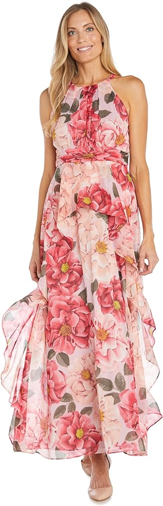 R&M Richards Women's Long Printed Floral Chiffon Halter Daytime Dress W/Inverted High Low Ruffle