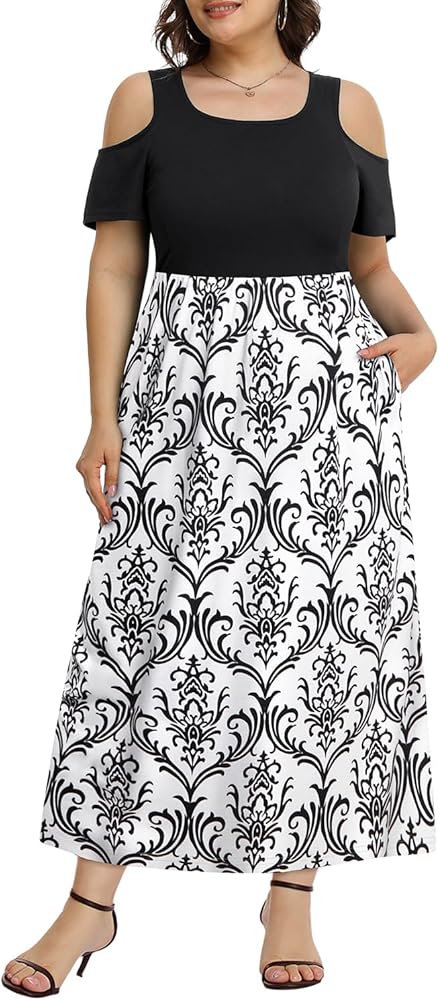 Pinup Fashion Women's Plus Size Summer Cold Shoulder Sundress Casual Long Maxi Dresses with Pockets