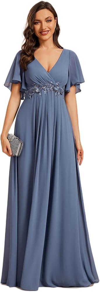 Ever-Pretty Women's Chiffon A-Line Ruched Short Sleeves Applique Waist V Neck Mother of The Bride Dresses