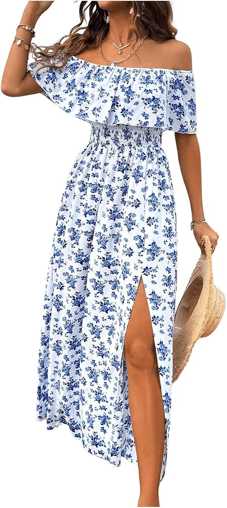 MakeMeChic Women's Floral Print High Low Midi Dress Shirred Off Shoulder Split Thigh Boho Dress