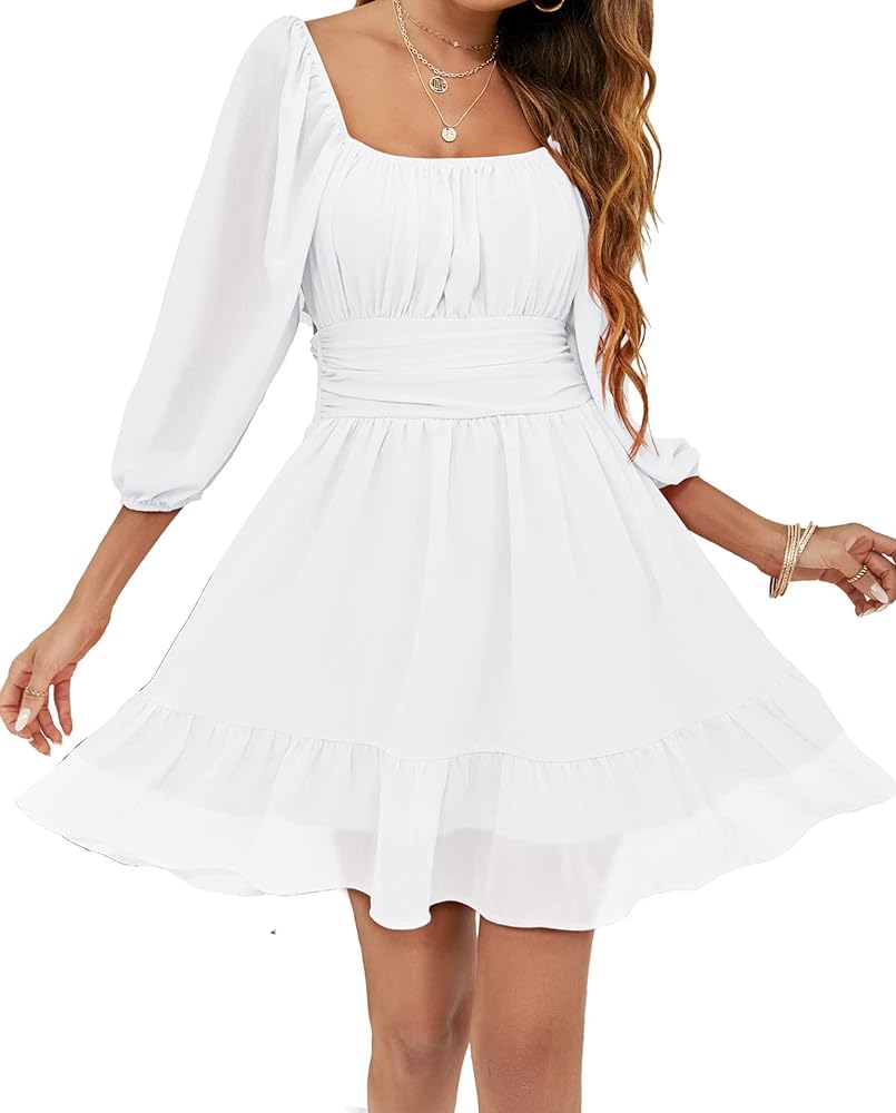 Flybony Women's Lantern Sleeve Tie Back Dresses Square neck dress Off Shoulder A-Line Summer Mini Dress