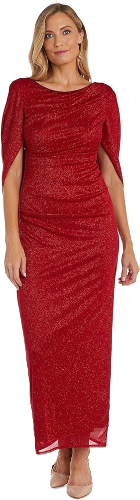 R&M Richards Womens Glitter Cape Sleeve Evening Dress