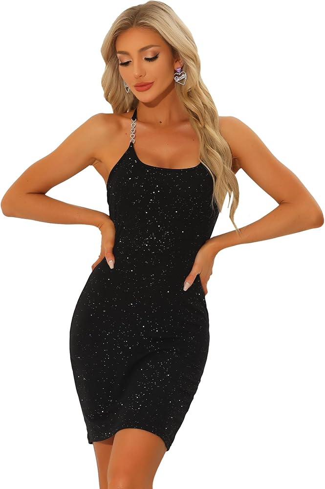 Allegra K Slim Fit Mini Dress for Women's Party Clubwear Bodycon Sleeveless Metallic Glitter Dresses