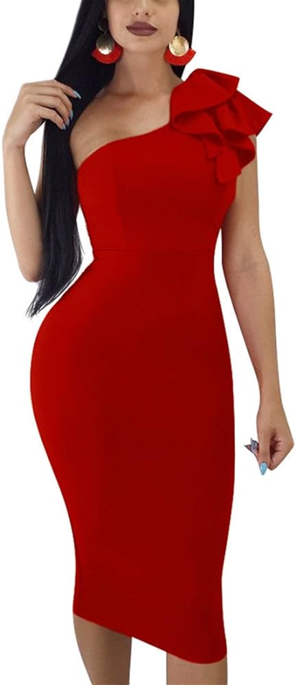 Mokoru Women's Sexy Ruffle One Shoulder Bodycon Elegant Cocktail Party Midi Dresses