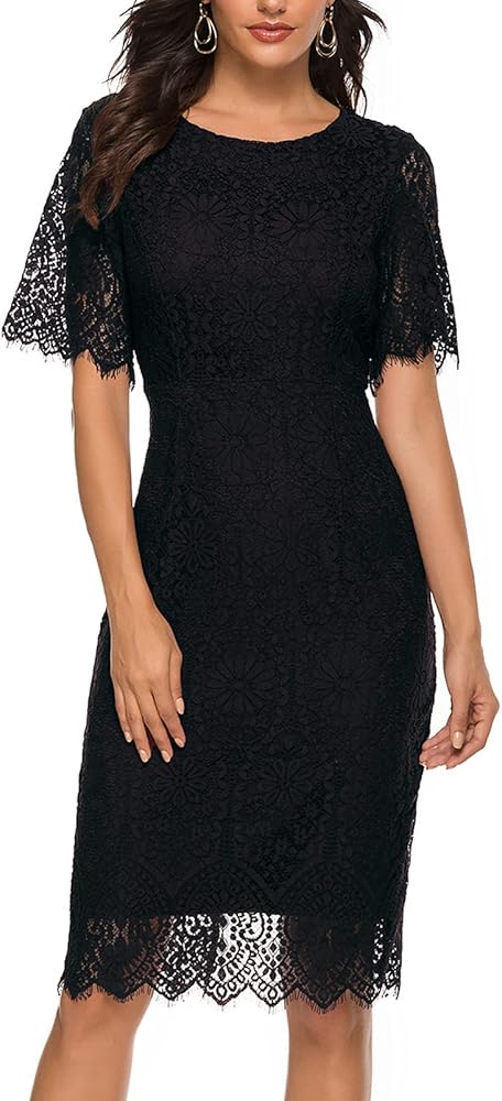 MEROKEETY Women's Short Sleeve Lace Floral Cocktail Dress Crew Neck Knee Length for Party