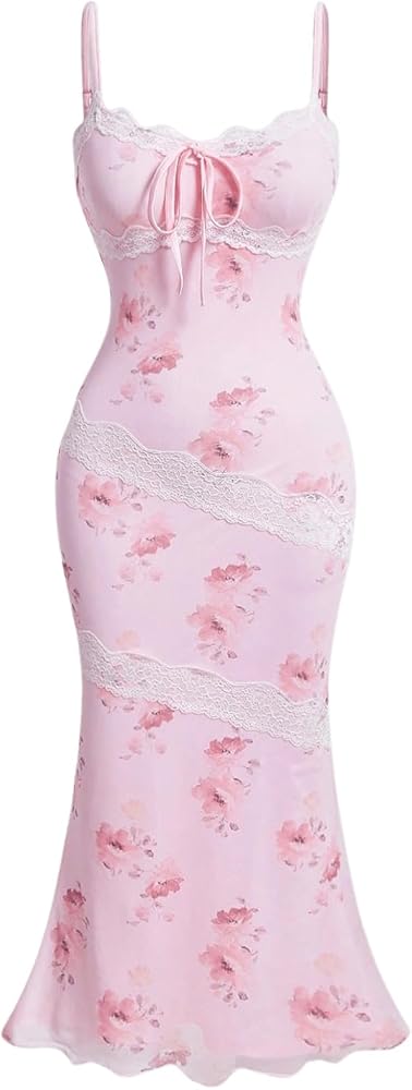 Floerns Women's Floral Print Tie Front Summer Fishtail Hem Party Midi Cami Dress