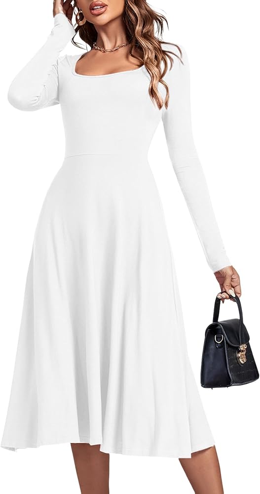 LYANER Women's Square Neck Long Sleeve Empire Waist A Line Flare Solid Midi Dress