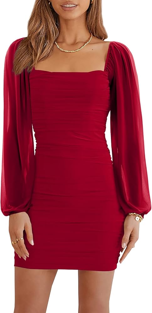 Wenrine Women's Mesh Long Sleeve Square Neck Ruched Party Club Cocktail Bodycon Mini Dress