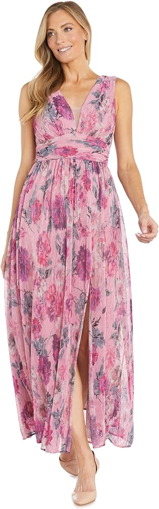 R&M Richards Long Crinkle Pleated Floral Dress W/V Front & Side Slit