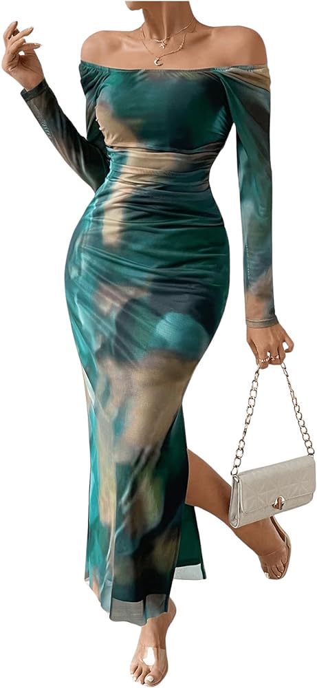 Verdusa Women's Elegant Long Sleeve Dress Tie Dye Off Shoulder Ruched Split Thigh Long Dress