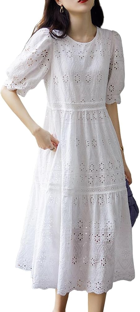 chouyatou Women's Summer Puff Sleeve Midi Long Floral Eyelet Dress Embroidery Flowy Swing Party Dress