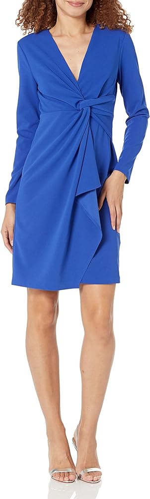 DKNY Women's Long Sleeve Scuba Crepe with Knot at Waist and Cascading Ruffle