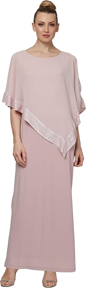 S.L. Fashions Women's Long Capelet Dress with Metallic Trim