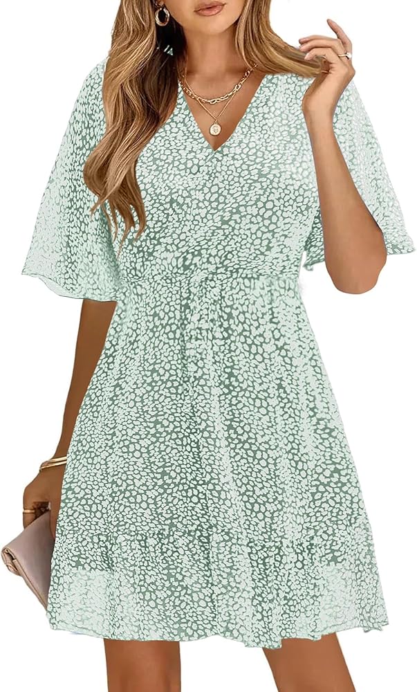 KIRUNDO Women's Summer Dresses 2024 Casual Short Sleeve V Neck Ruffle Floral Print High Waist Flowy Mini Dress with Belt