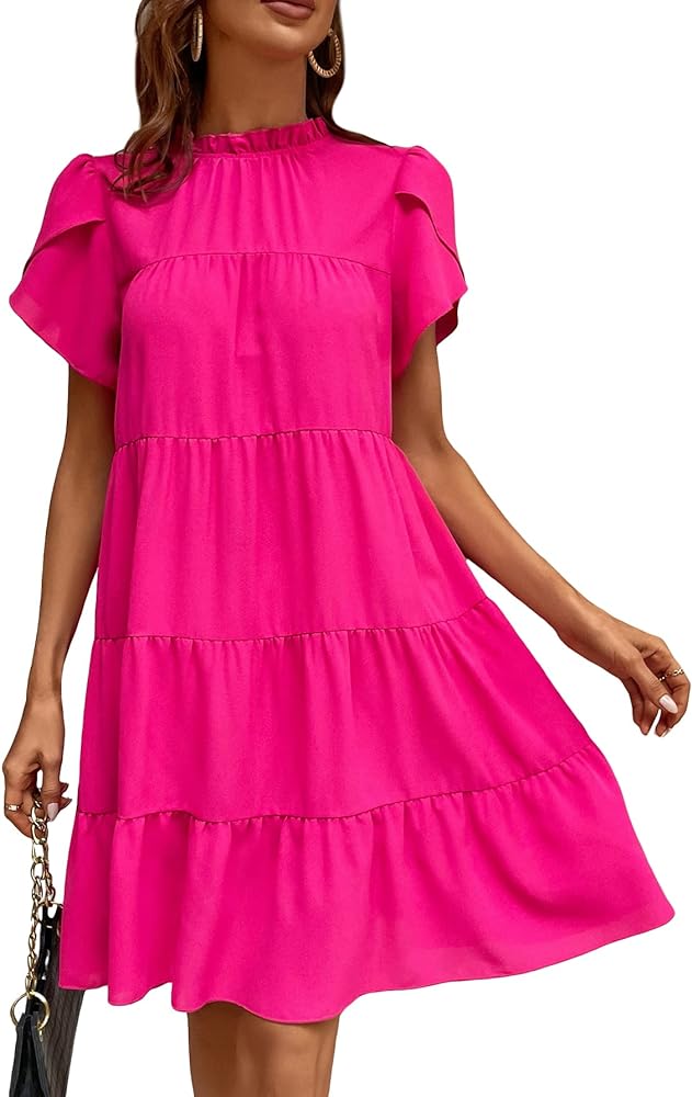 Verdusa Women's Tie Back Petal Sleeve Mock Neck Ruffle Hem A Line Swing Smock Dress Hot Pink M