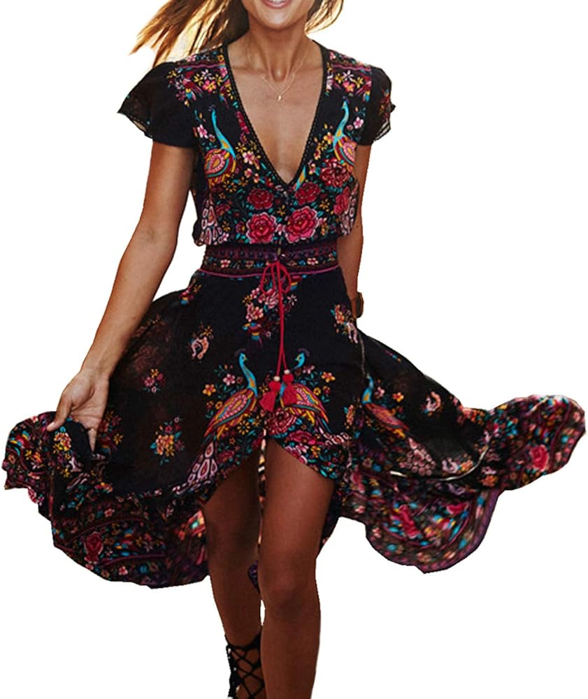 R.Vivimos Women's Summer Vintage Floral Print Deep V Neck High Low Long Dresses