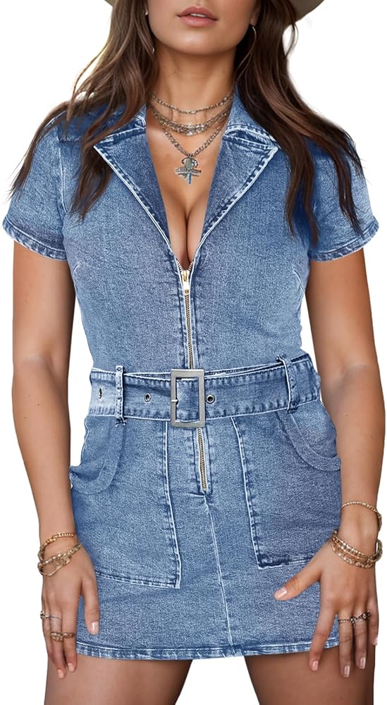 Wenrine Womens Summer Denim Dresses Bodycon Zipper Front Belted Sexy Mini Casual Dress with Pockets