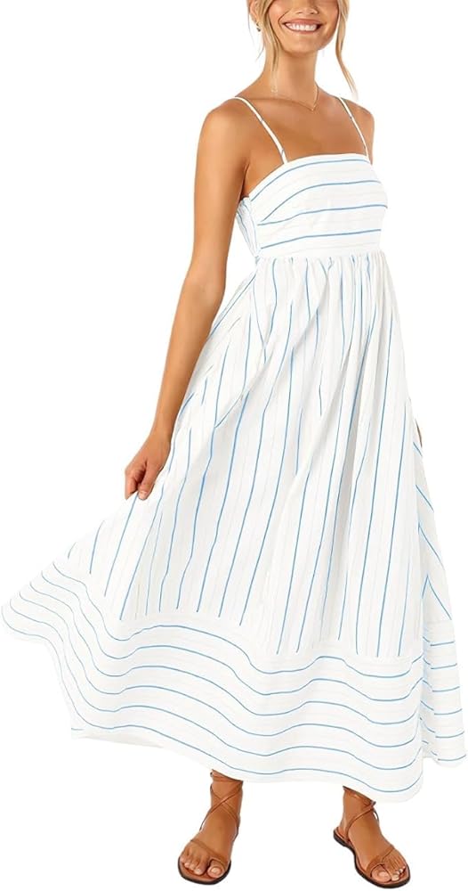 utcoco Womens Summer Striped Back Smocked Maxi Sundresses Spaghetti Strap Cut Out Flowy Swing A Line Long Dress