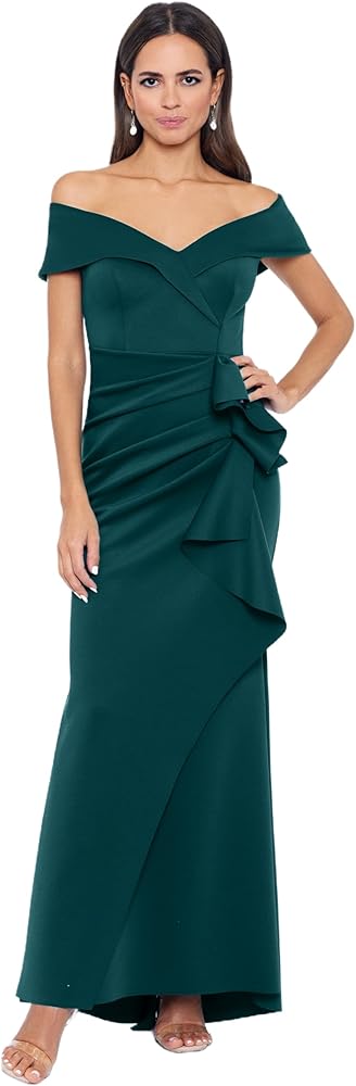 Xscape Women's Long Off Shoulder Sweetheart Neck Side Ruffle Gown (Reg and Petite)